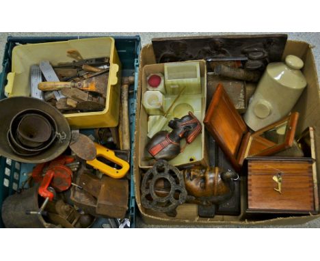 Boxes and Objects - an onyx desk set; hardwood carvings; stoneware foot warmer; tools; etc