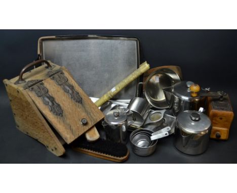 An early 20th century oak slope front bootblack's box, with brushes; a Zassenhaus manual coffee bean grinder; stainless steel