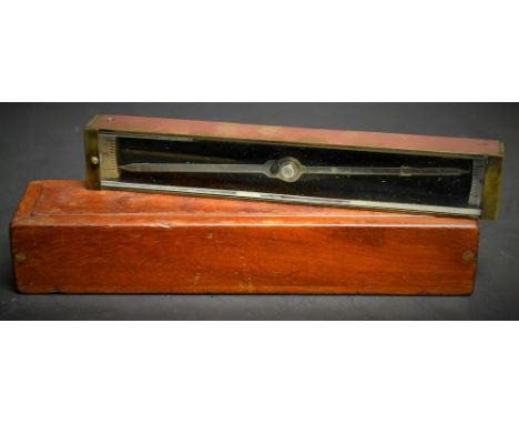 An unusual 19th century surveying compass, of narrow field, possibly mining related, the mahogany box with sliding cover, sta