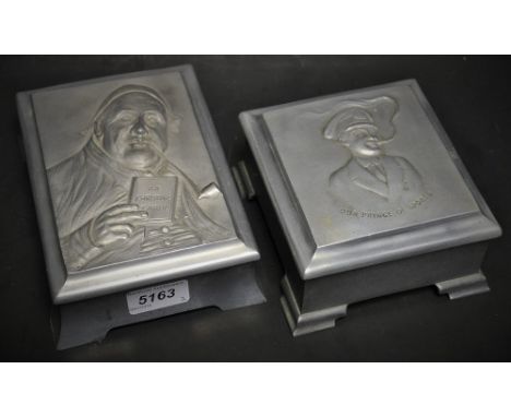 An Art Deco period sand cast aluminium square cigarette box, by R W Coan, London, the cover in relief with a portrait of Edwa