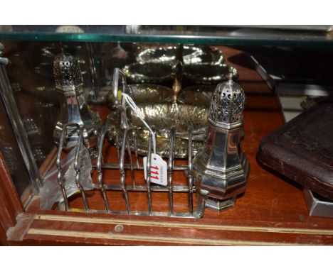 A silver Brandy decanter label, by W & I Broadway, Birmingham 1988; together with a silver plated toast rack and other silver