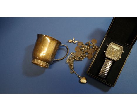 A small silver Christening mug, by Adie Bothers Ltd, Birmingham 1957, 6.5cm, 72g; together with a necklace, a genleman's wris