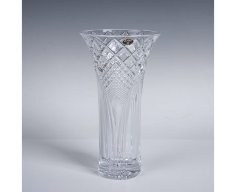 A clear flared vessel with vertical and diamond-shaped cuts. Bohemia stickered. This item has its original box: 5.75"L x 5.75