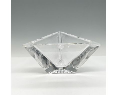 Thick crystal three-sided glass bowl creates an elegant presentation for any table. Orrefors mark. This item has its original