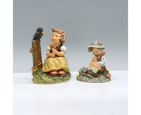 A young village girl seated in a field singing with a crow by her side, and a young village boy in prayer, seated in a field 