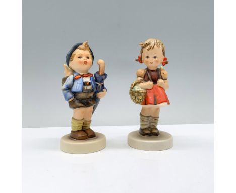 A charming set featuring a young schoolgirl with a backpack and hand basket, accompanied by a young boy holding an umbrella w