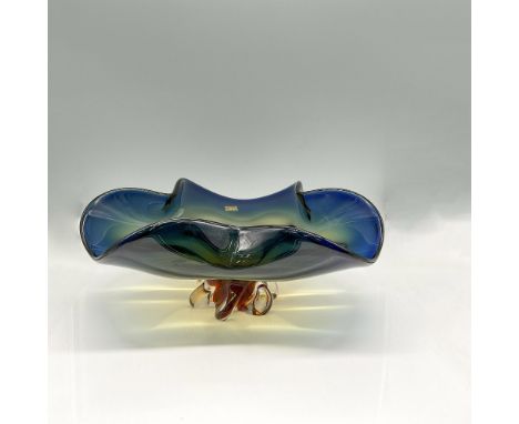 Blue and amber fused art glass bowl created with wave design and twisted base. Egermann mark. Issued: 20th centuryDimensions: