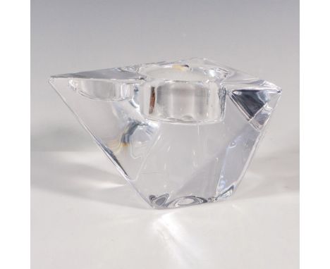 Clear crystal abstract form to hold a small candle designed by Helen Krantz. Orrefors stickered and etched marking. This item