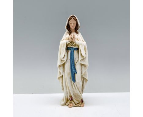 A rosary in hands, Mary is adorned in white with a delicate blue sash, while roses grace the feet of her gown. Dimensions: 2.