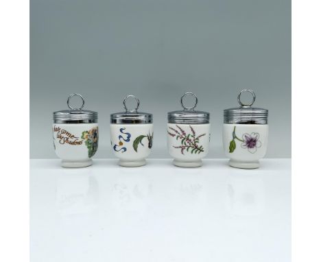 White porcelain, three adorned with delicate floral designs and one showcasing a Native American motif. Royal Worcester backs