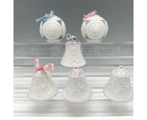 Lot includes matte finished ornaments: 2 round and 4 bells for 1997 &amp; 1999. Lladro backstamp. This item has its original 