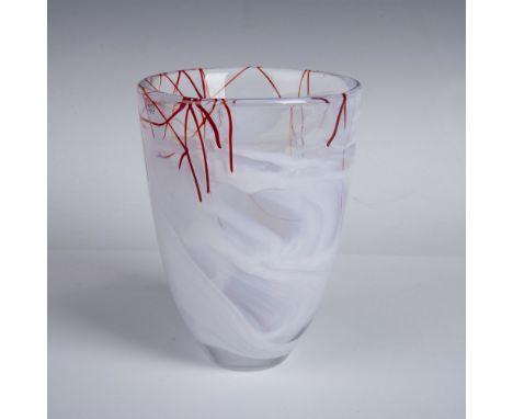 An abstract vase crafted by using a technique called centrifuging. A clear glass with white and red glass canes. Kosta Boda s