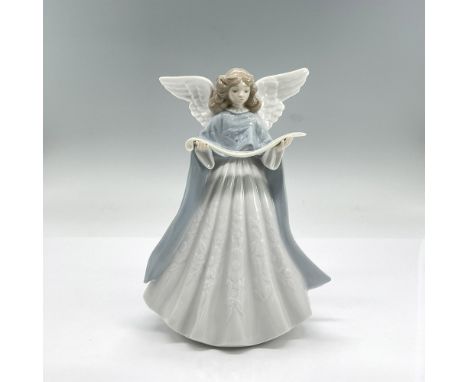 Glazed porcelain figure of a young lady angel in a white dress and blue cape holding a scroll. Lladro backstamp. This item ha