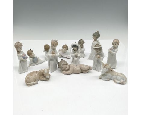 Lot includes partial Nativity figures, Christmas morning and angels. All are glossy with soft coloration. Lladro backstamp. I