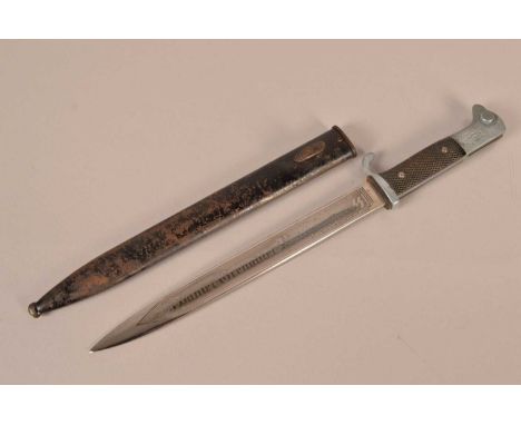 A German Dress KS98 bayonet with SS Markings, having 25cm long single fullered blade, decoratively etched to both sides, '16 