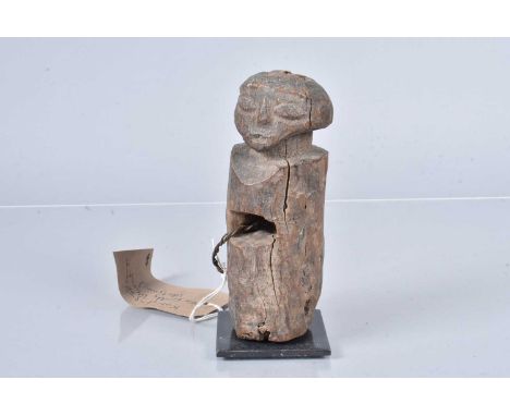 African Tribal Art, Kusu Figure from D R Congo, deep and dark patina, cord around the centre, with metal stand, approx. 18cm 