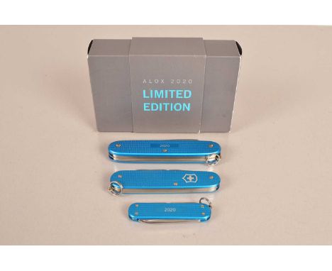 Victorinox - Annual Alox Limited Edition 2020, set of three knives in Aqua Blue, comprising Pioneer, Cadet and Classic, all i