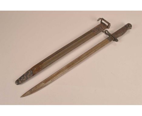 A US 1917 Pattern by Remington, having 43cm long single fullered blade, complete with leather and metal scabbard