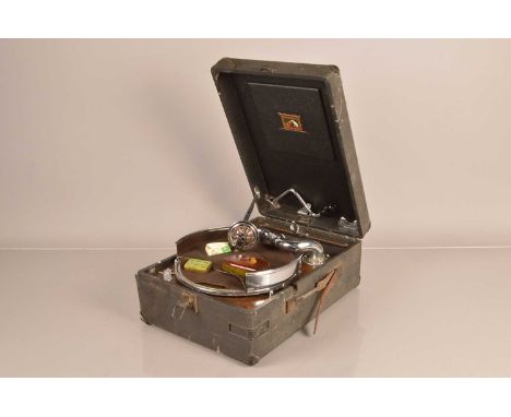 Portable gramophone, an HMV Model 102 with No.16 Soundbox, with record tray and HMV Record Pad