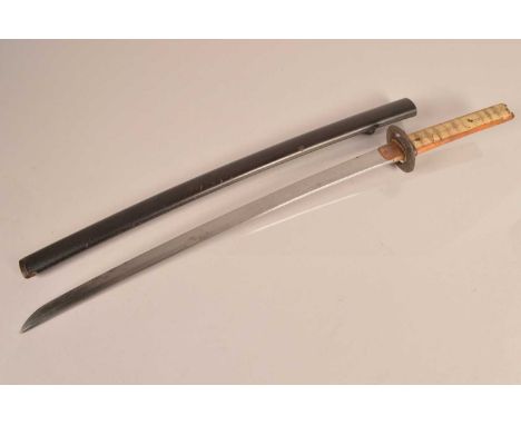 A Japanese Wakizashi, having unsigned tang, with 54cm long single edged blade, complete with scabbard, AF