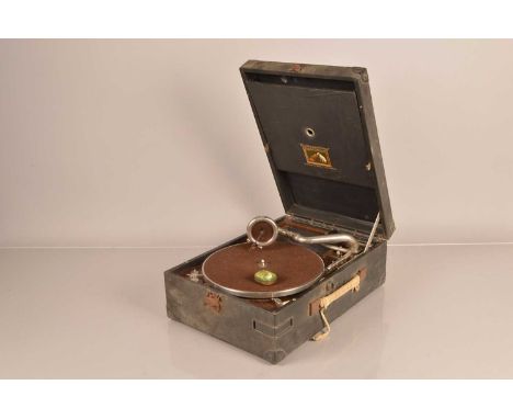 Portable gramophone, an HMV Model 101, with no.4 Soundbox, in black case, carry handle defective