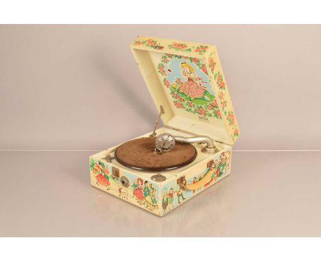 Portable gramophone, a Decca Nursery model with decorations by Dora Roderick and Decca/Meltrope sound box, dated 10.10. 52 (m
