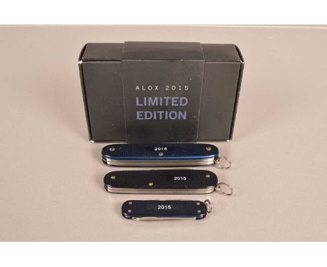 Victorinox - Annual Alox Limited Edition 2015, set of three knives in Steel Blue, comprising Pioneer, Cadet and Classic, all 