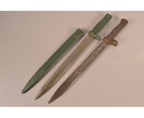 Two WWI Ersatz Bayonets, one painted green with scabbard, the other without scabbard (AF) (parcel)