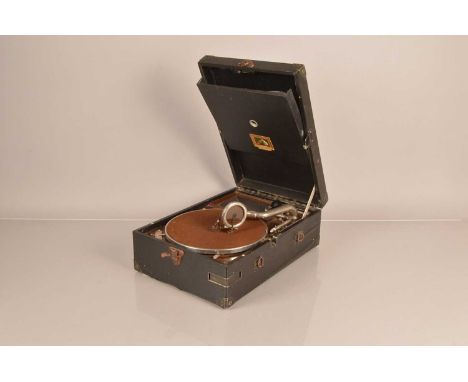 Portable gramophone, an HMV Model 101B, with 410 motor and brass-backed No 4 soundbox, in black case (motor runs, case fair, 