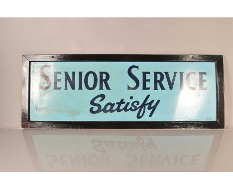 A Senior Service 'Satisfy' advertising sign, dark blue script on light blue ground, within wooden mount, approx. 118cm x 38cm