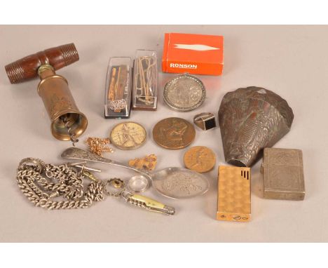 An assortment of Gentlemen's Items, to include a Thompson-Type corkscrew, an 1873 dated silver medallion 'Reward to a Hero in