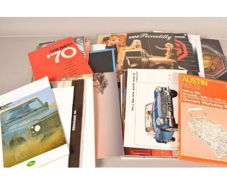 A collection of British Car Manufacturer brochures, 1970s onwards, including Land Rover, Austin, Rover, MG, Hillman, Lotus, J