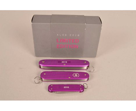 Victorinox - Annual Alox Limited Edition 2016, set of three knives in Orchid Violet, comprising Pioneer, Cadet and Classic, a