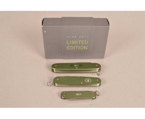 Victorinox - Annual Alox Limited Edition 2017, set of three knives in Olive Green, comprising Pioneer, Cadet and Classic, all