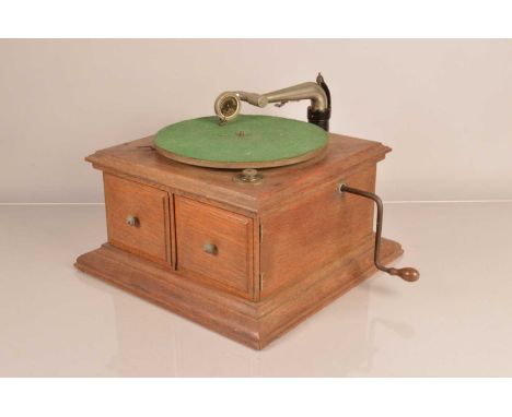 Hornless gramophone, an HMV Model 3, circa 1920, with HMV Exhibition sound box, in  oak case with transfer of E. Raisin Jones