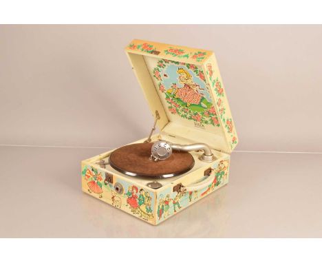Portable gramophone, a Decca Nursery model with decorations by Dora Roderick and Decca/Meltrope sound box, dated 111951 (sic)