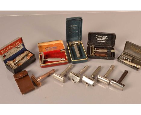 An assortment of Men's Safety razors, comprising Gillette Aristocrat Junior, , 'Valet', Wilkinson, Gillette 'The New', Laurel