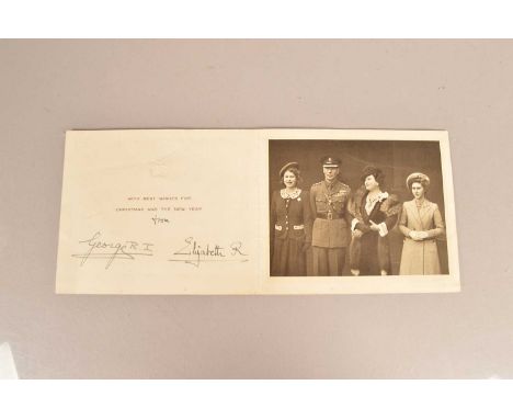 King George VI and Queen Elizabeth Signed 1944 Christmas Cards, having gilt embossed Crown to the front, black and white prin