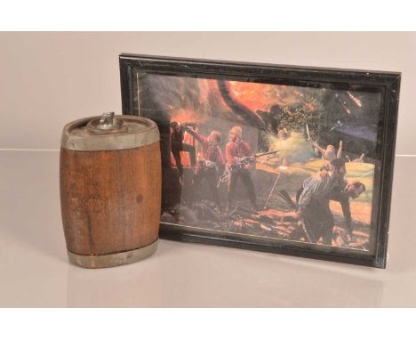 A small barrel shaped water bottle, having banded design, together with a Zulu print (parcel)