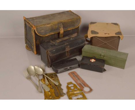 A small selection of Military cases, to include WWII examples (1942). First Aid, Spectacles, and more, plus a George VI meat 