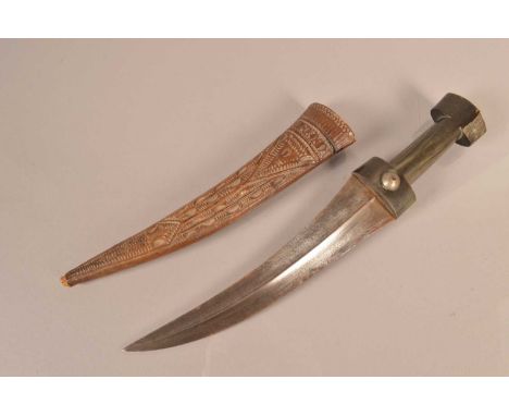 A horn handled Jambiya, with double edged 25cm long blade, with leather covers scabbard, AF