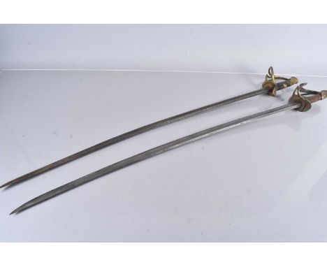 Two Officer's Swords, of similar design, both with brass hilts, one with scabbard, both poor-fair