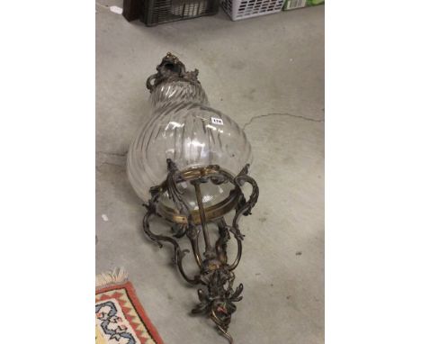 Large Gilt Metal Hanging Celiling Light Fitting with Gilt Scroll Metal Mounts and a Ribbed Conical Glass Shade