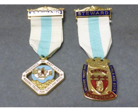 Two Masonic Gilt and Enamel Stewards Medals with Ribbons