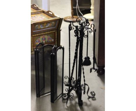 Wrought Iron Companion Set and a Folding Firescreen