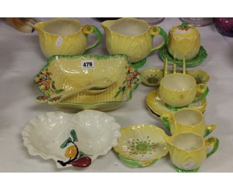 A Collection of Carltonware Buttercup Ceramics including three jugs, cup, two saucers, toast rack, sugar bowl, dish plus Roya