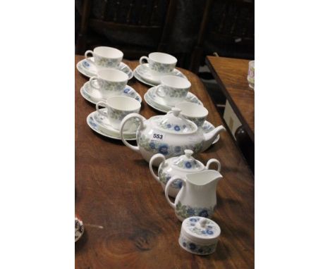A Wedgwood Tea Service 'Clementine' including Six Piece Teapot, Milk, Sugar and Trinket Pot