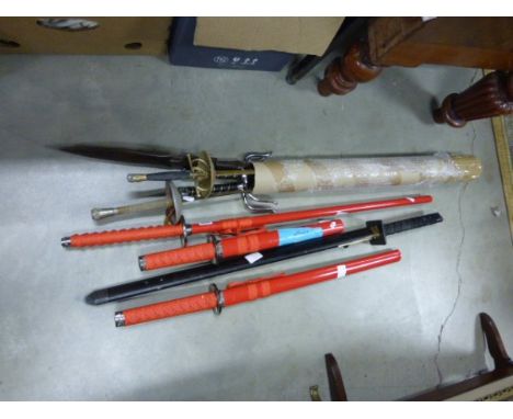 Five Samurai Style Swords, Two Foils, African Carved Stick and Two Other Swords