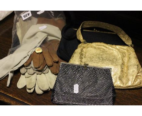 A Vintage Bagcraft Ladies Handbag, Two other Cocktail Handbags plus Four Pairs Vintage Suede Gloves, a Pair of Black Leather 