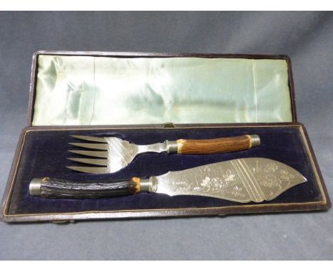 A Victorian Cased Serving Knife and Fork with Antler Handles 
